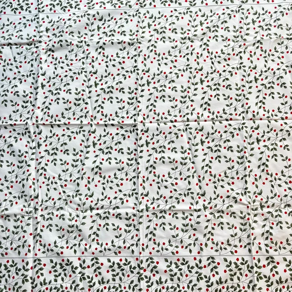 Christmas Tablecloth printed cotton mod green red white rectangle holly berries